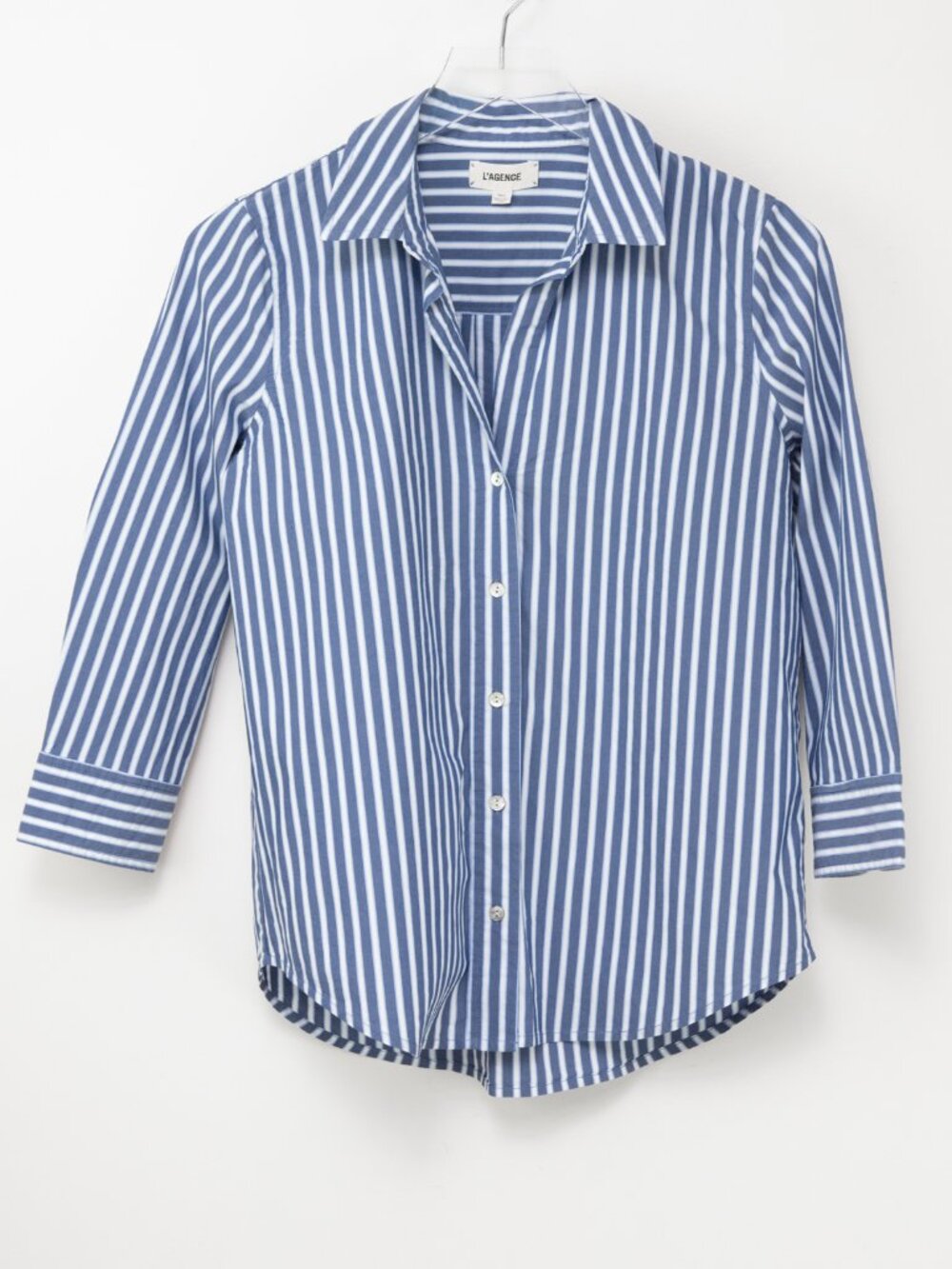L'AGENCE Daniella Stripe Button-Front Shirt Quarter Sleeve Stripe Blue White XS